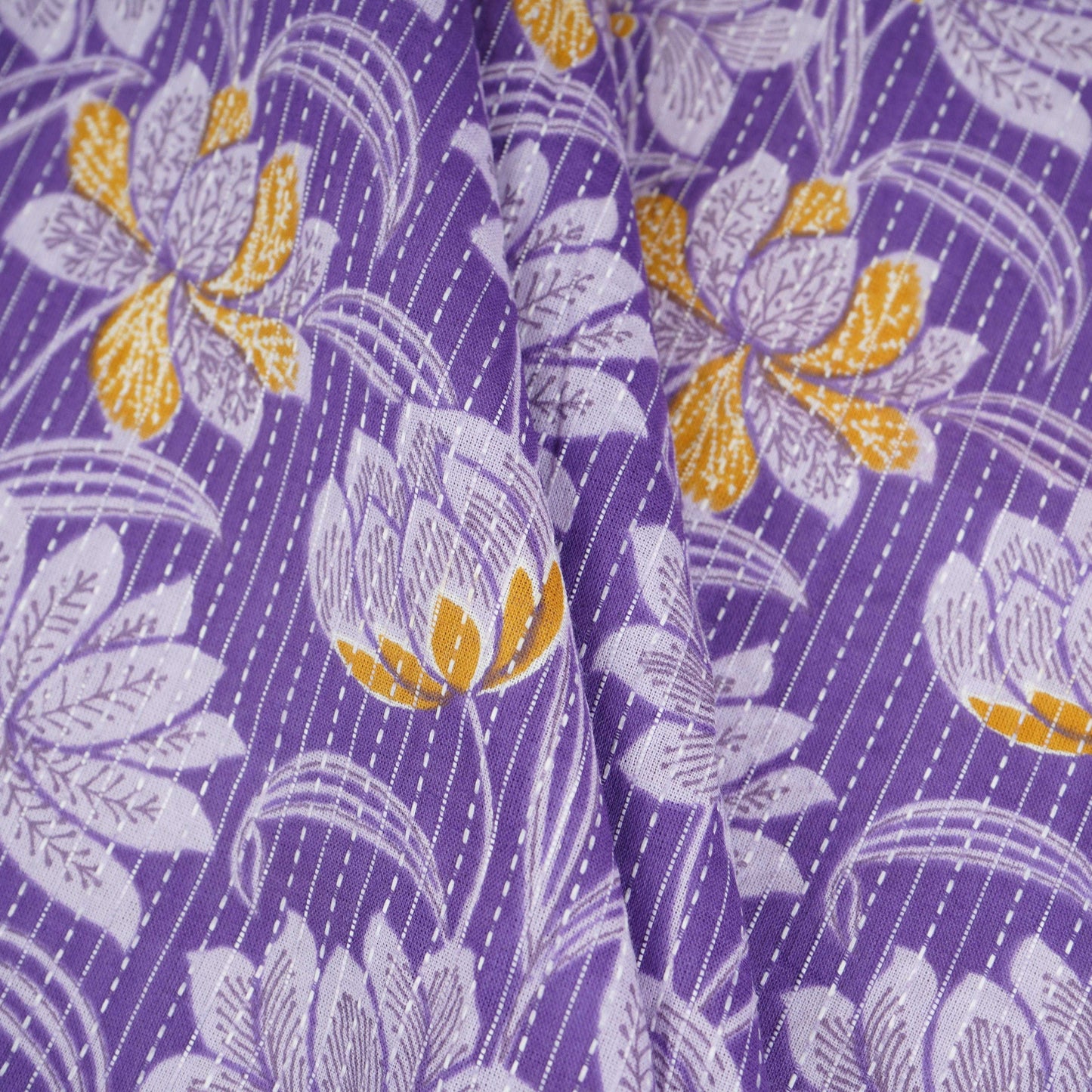 Purple Floral Kantha Print Cotton Fabric OG-30292