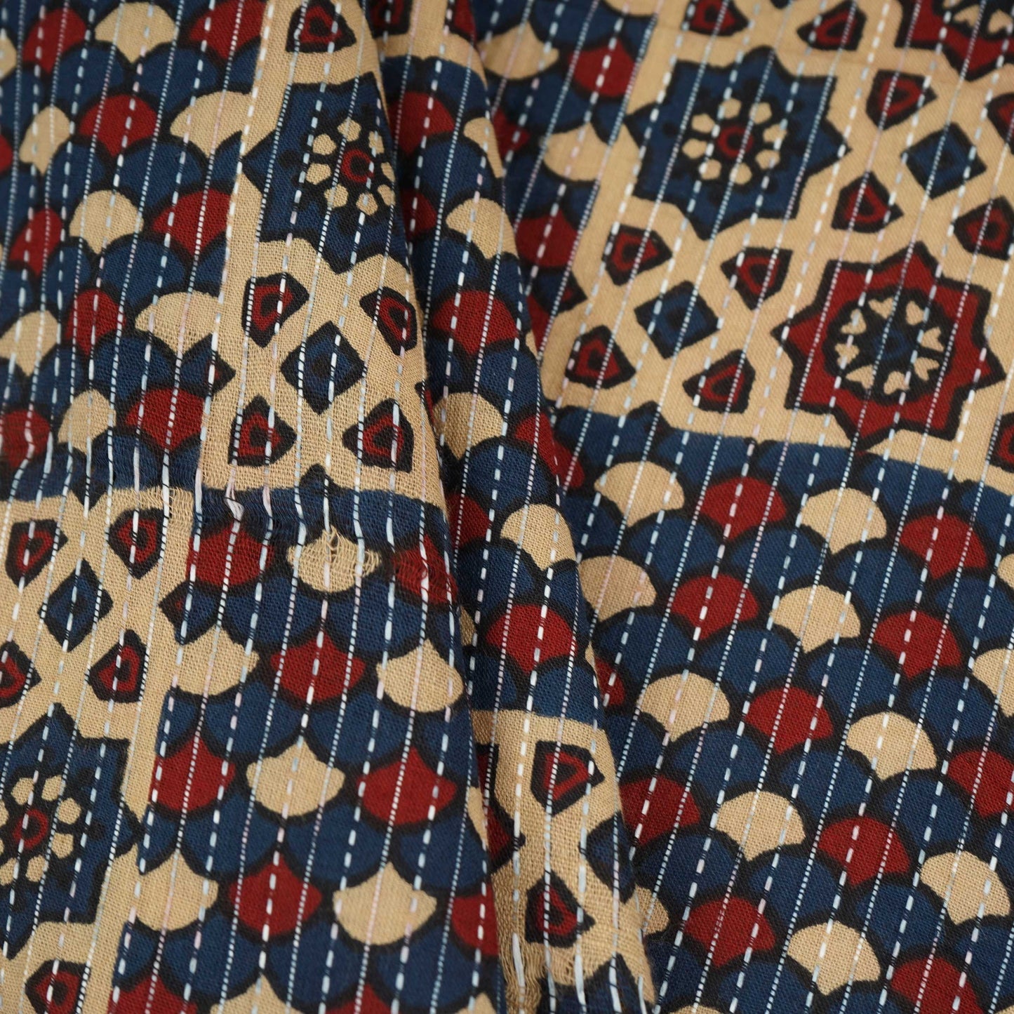 Cream & Blue Ajrakh with Kantha Print Cotton Fabric OG-30302