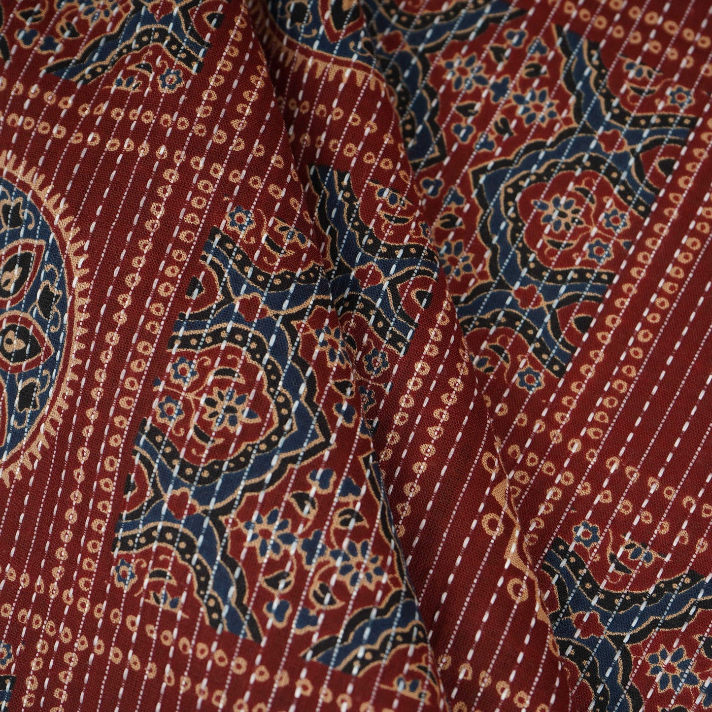 Maroon Ajrakh with Kantha Print Cotton Fabric OG-30426