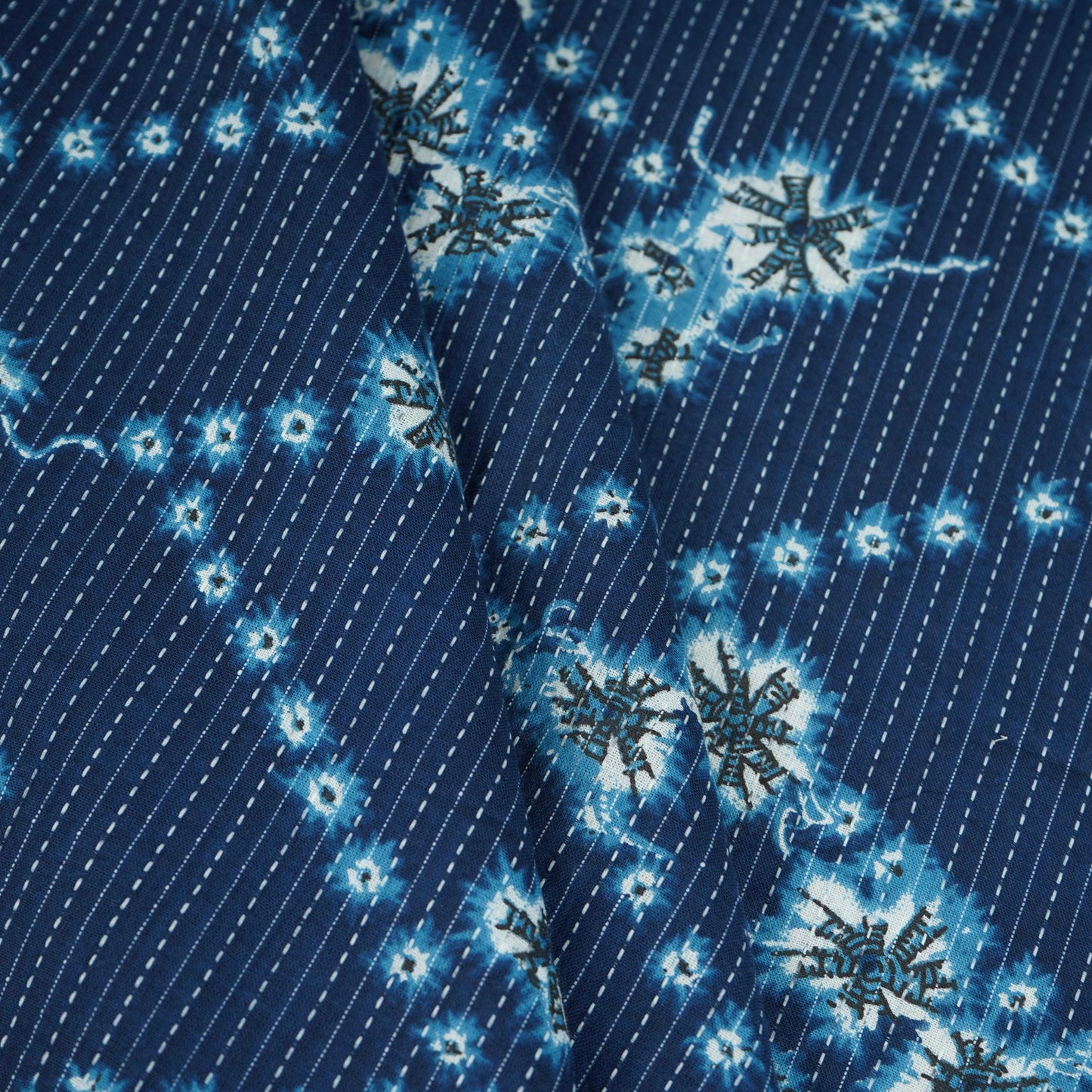 Indigo White Floral Kantha Print Cotton Fabric OG-30300