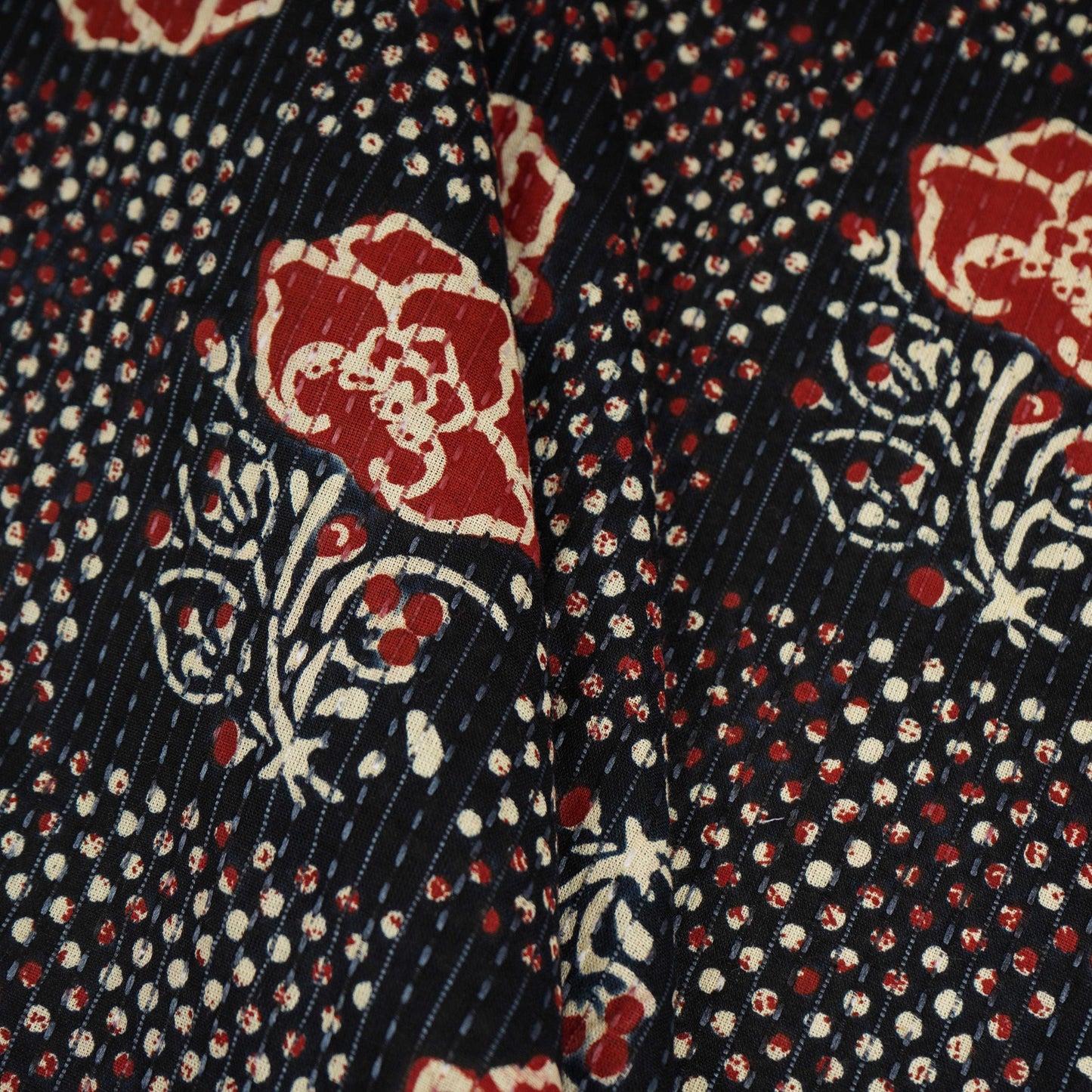 Black & Red Ajrakh with Kantha Print Cotton Fabric OG-30289