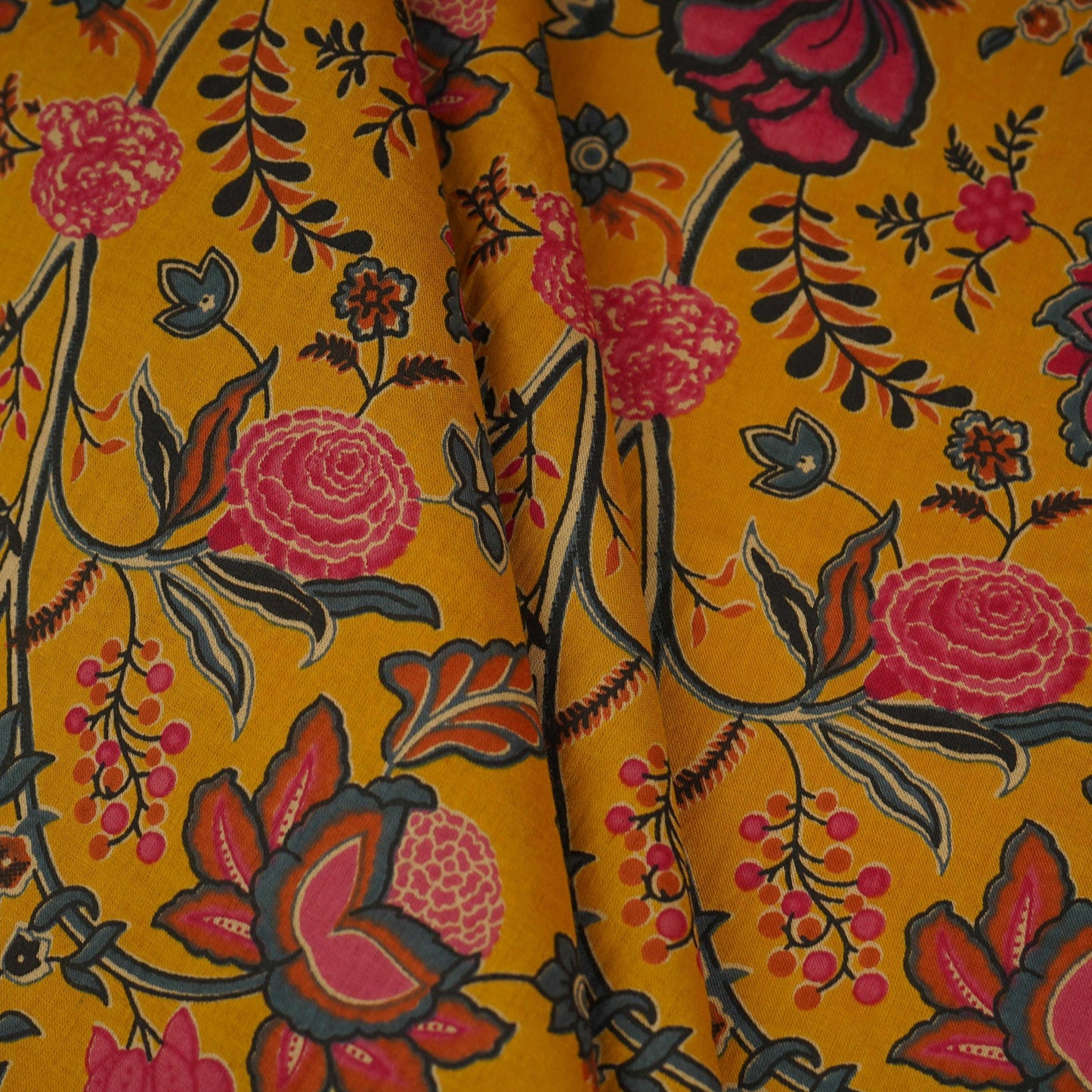 Mustard Yellow Chintz Floral Print Cotton Fabric OG-30331