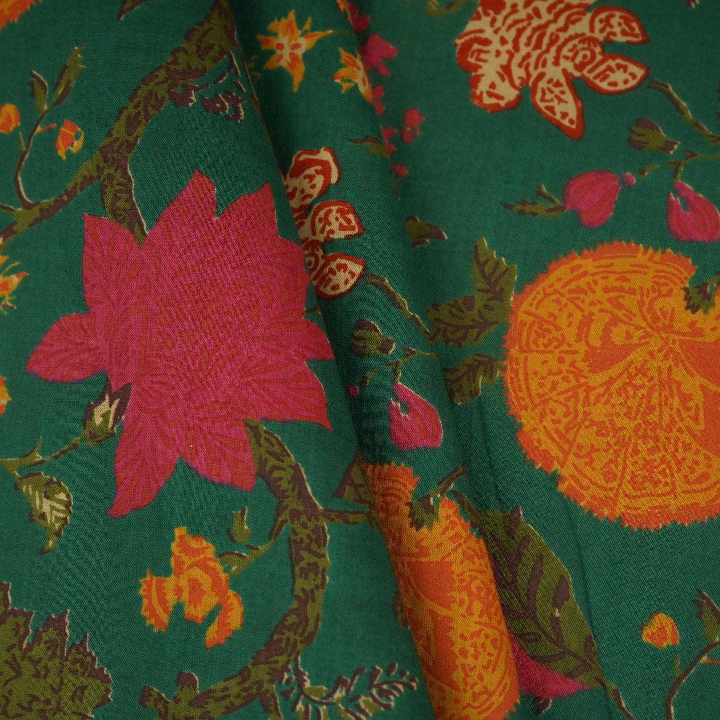 Dark Green Floral Print Cotton Fabric OG-30413