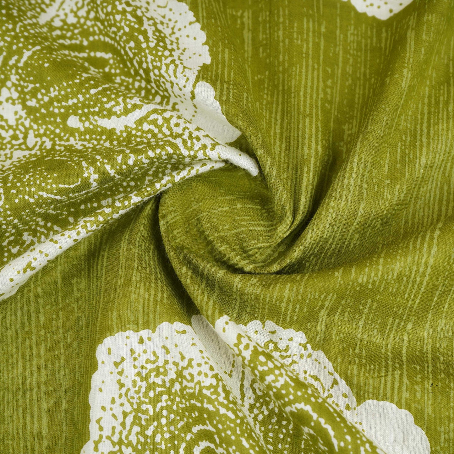 Olive Green & White Floral Applique Print Cotton Fabric OG-30415