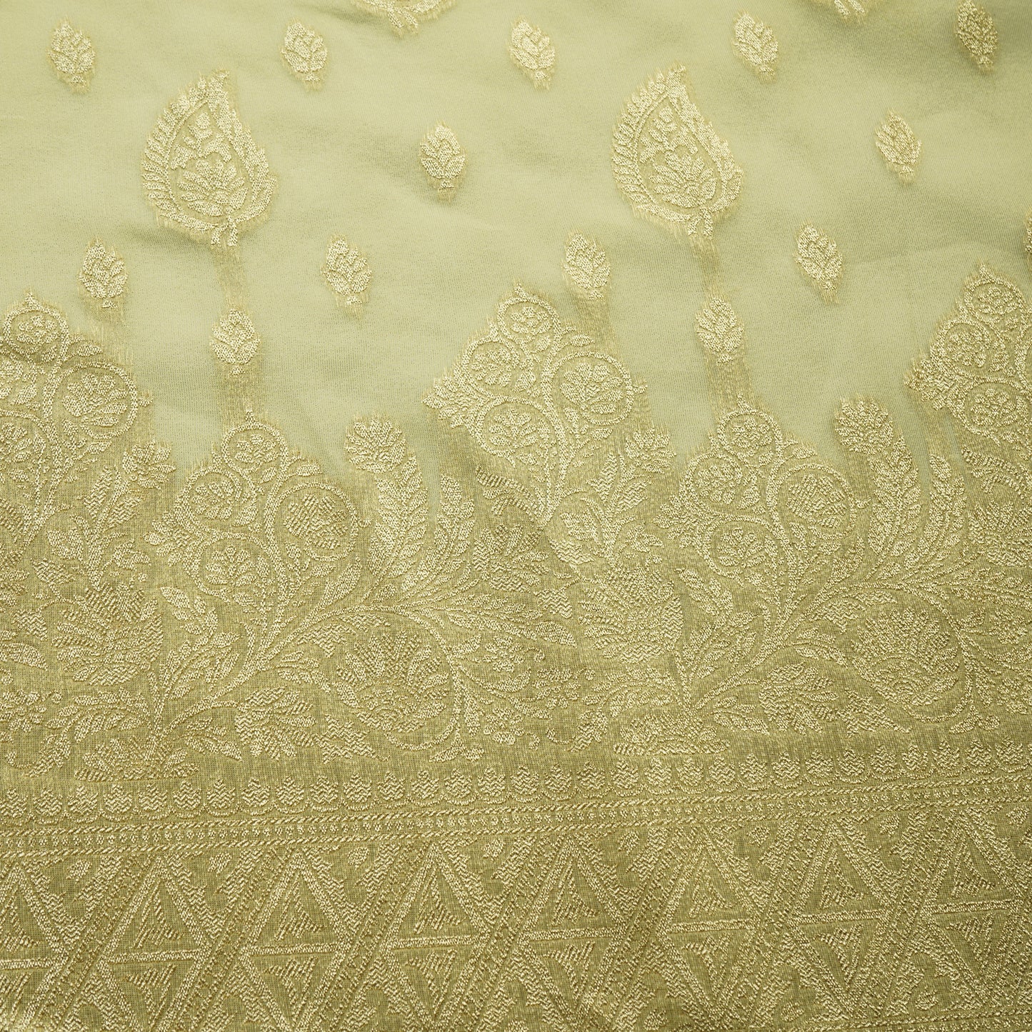 Gold Zari Paisley Border Work Tissue Organza Fabric