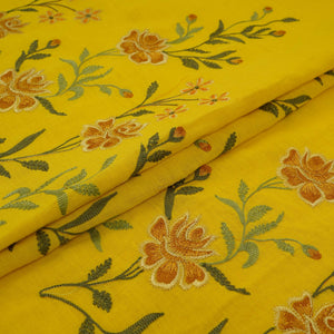 Mustard floral embroidery Cotton Linen Fabric GPF-32248 - TradeUNO