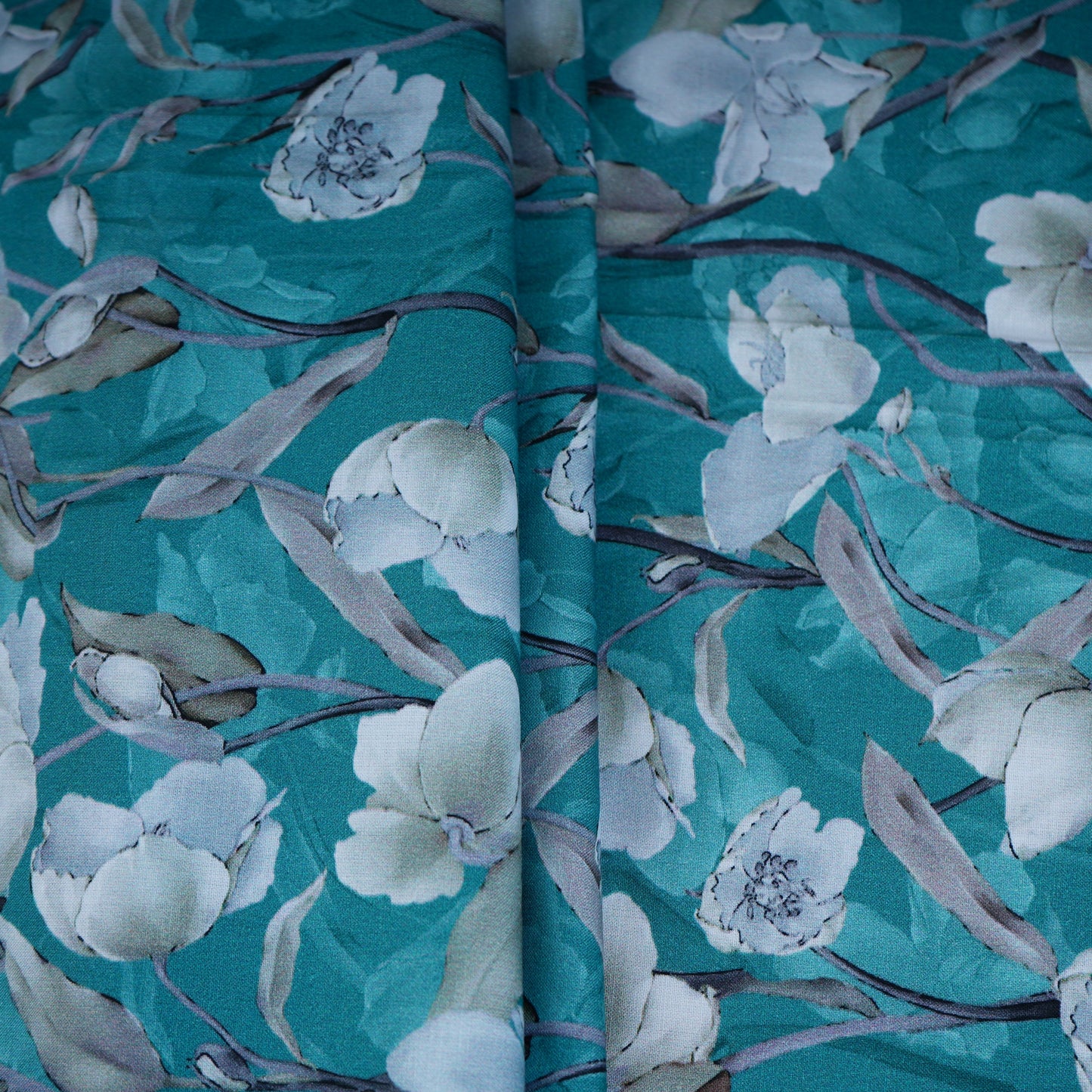 Teal Floral Print Cotton Mulmul Fabric PG-30373