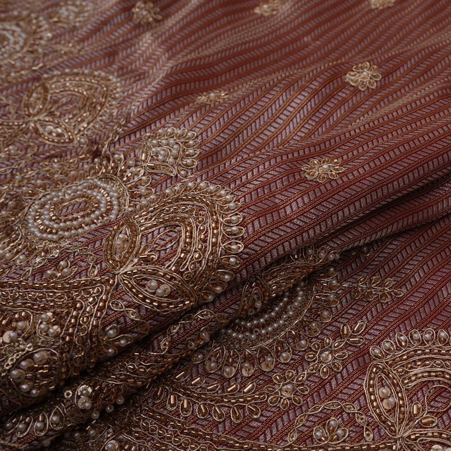 Maroon with Silver Zari Stripes Border Cutdana embroidery Jacquard Fabric TF-32242