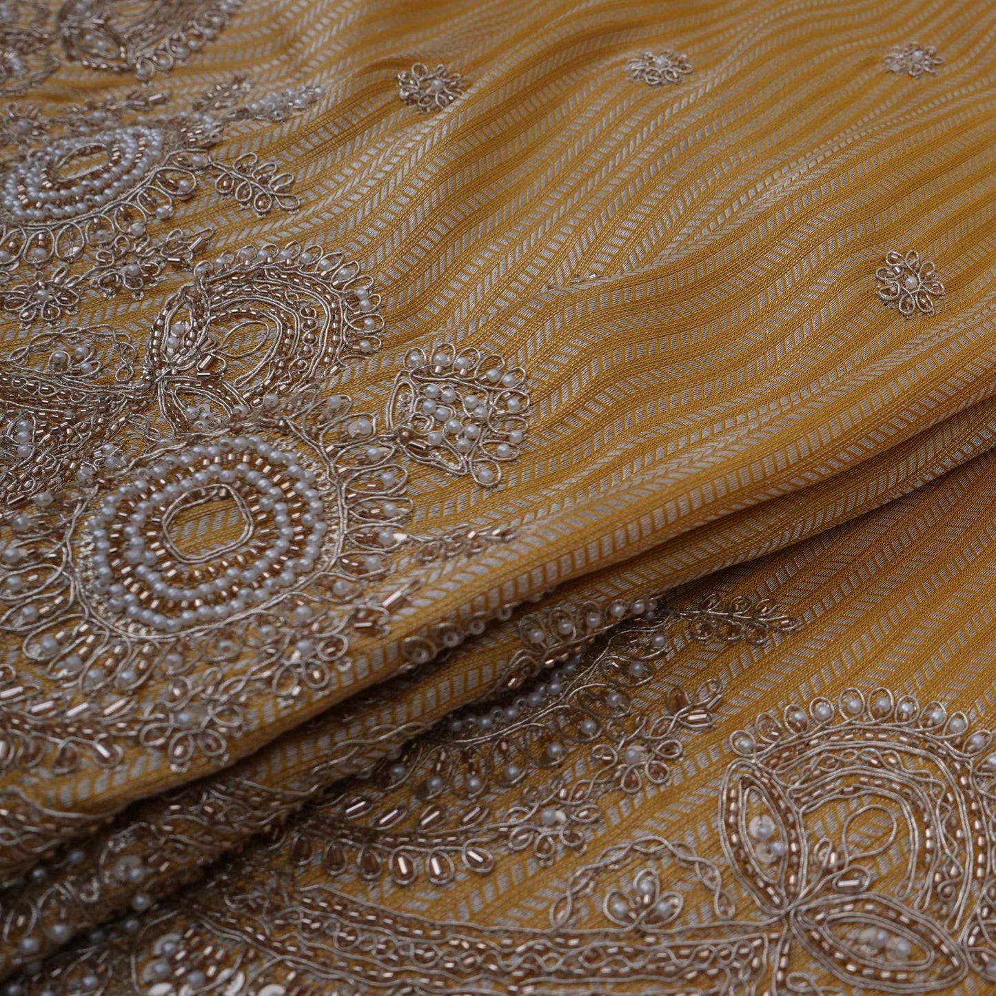 Mustard Gold with Silver Zari Stripes Border Cutdana embroidery Jacquard Fabric TF-32243