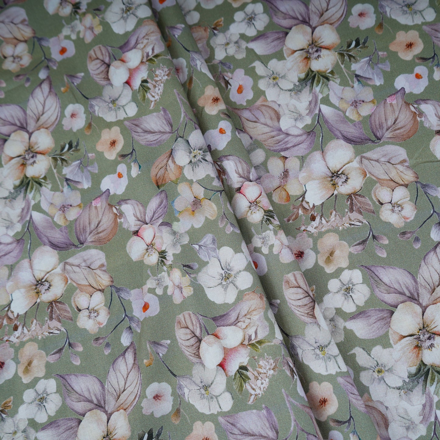 Olive Green Floral Print Cotton Mulmul Fabric PG-30376