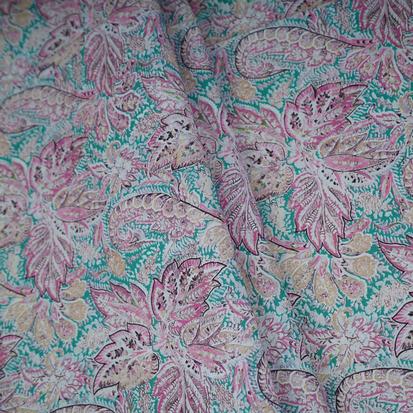 Teal Green Floral Print Cotton Mulmul Fabric PG-30388