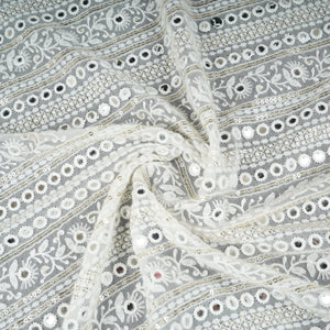 Off White Dyeable Mirror Embroidery Georgette Fabric AT-30350 - TradeUNO