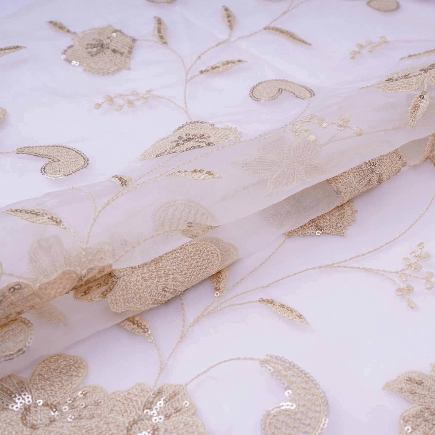 Off White floral Sequins embroidery Pure 27gm Organza Fabric GPF-32286