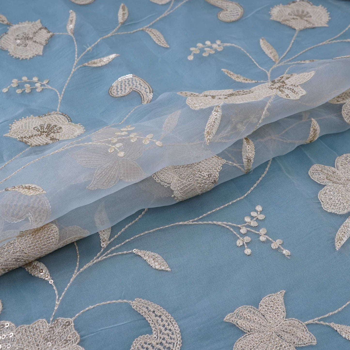 Sky Blue floral Sequins embroidery Pure 27gm Organza Fabric GPF-32284