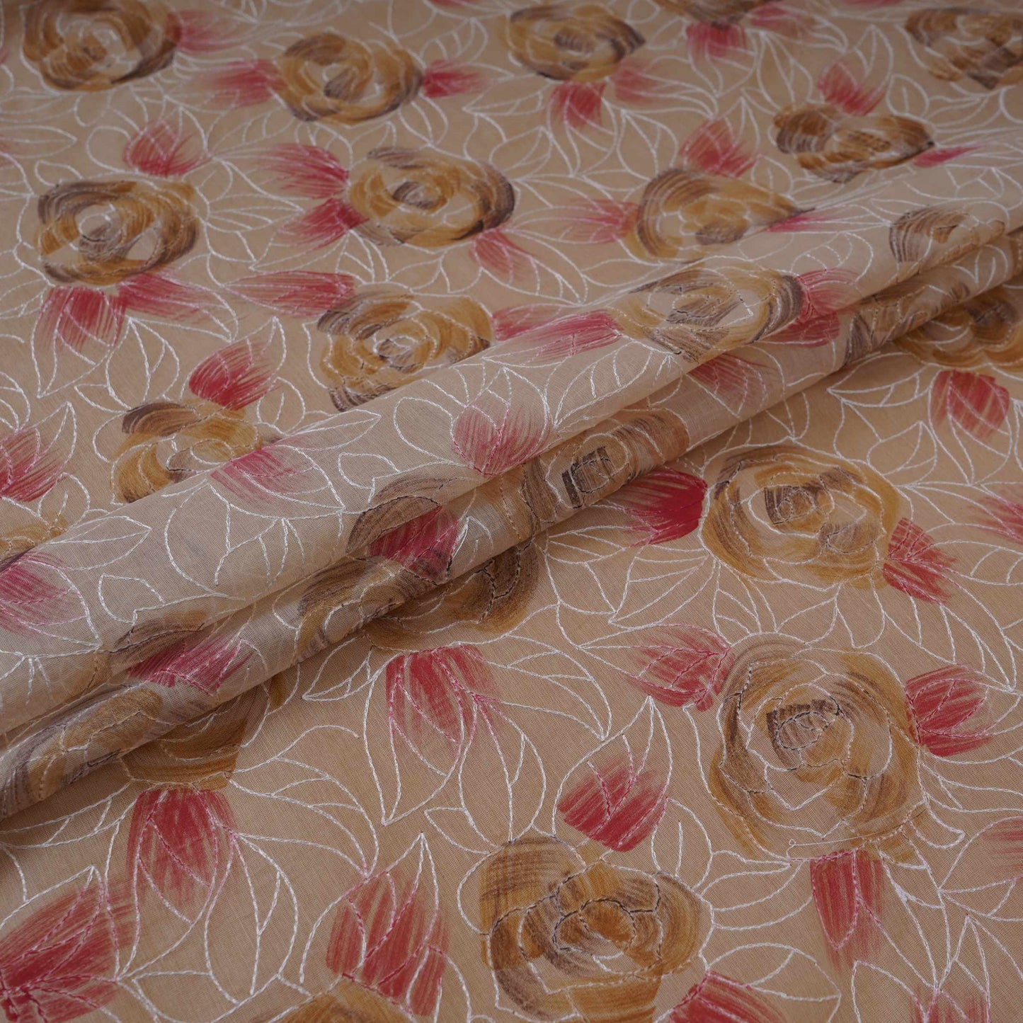 Cream Floral Thread Embroidery Chanderi Fabric UMS-32292