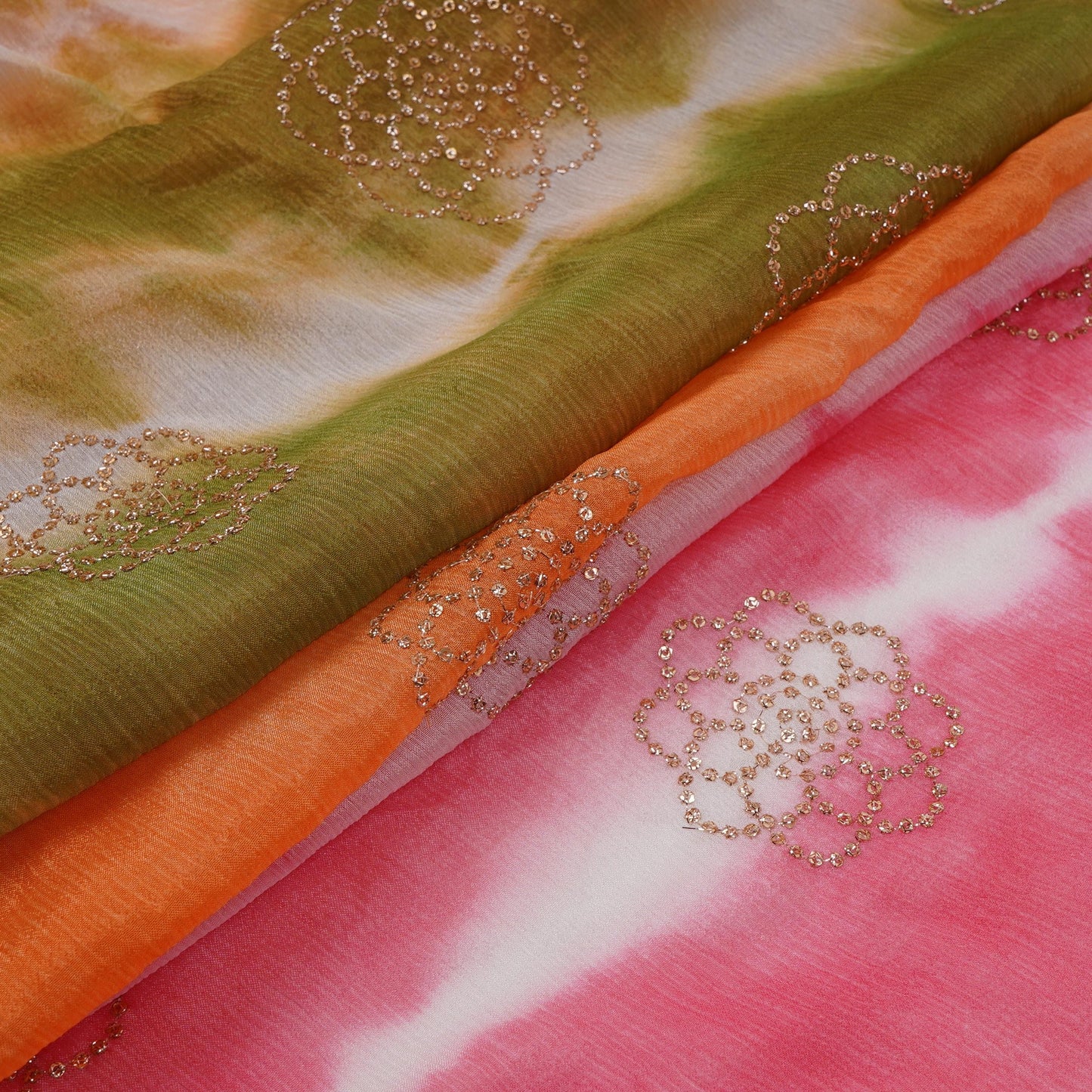 Olive Green with Peach Sequins embroidery Shibori Malai Chanderi Fabric VF-32275