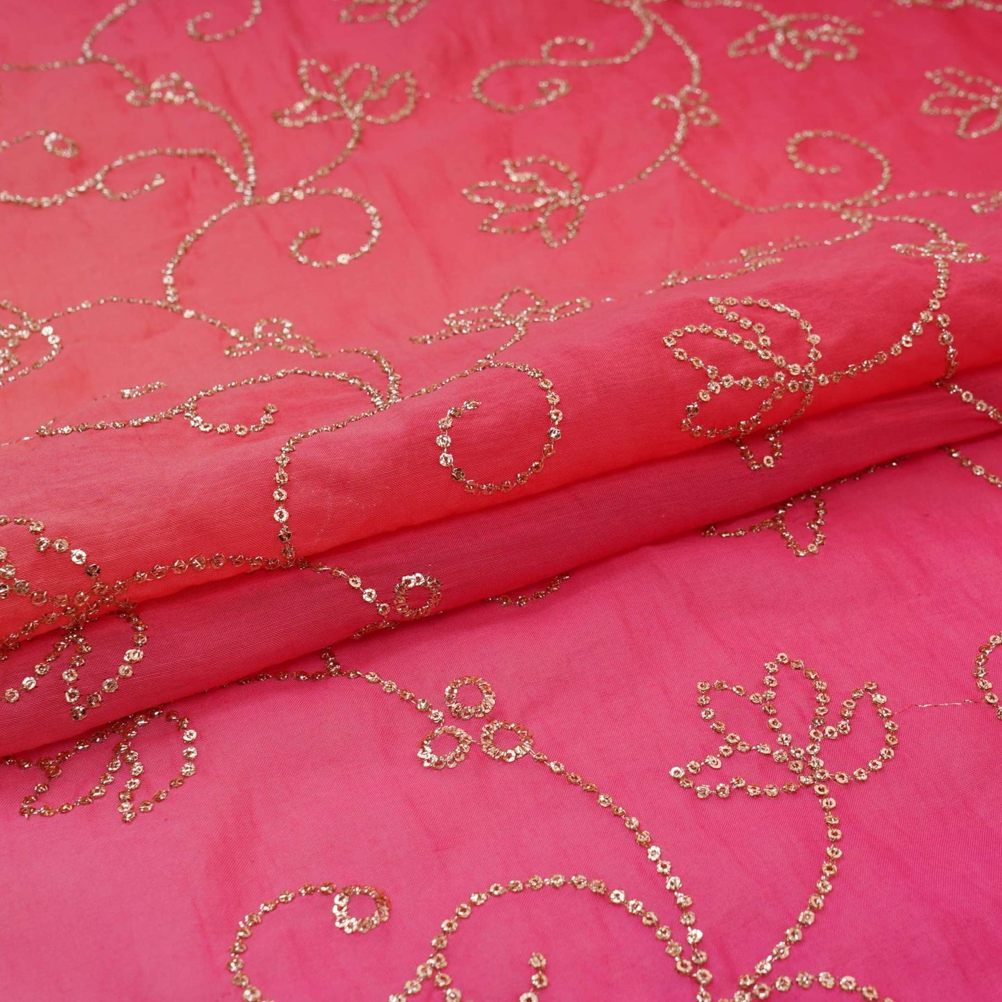 Peach with Magenta Pink 4D Sequins embroidery Malai Chanderi Fabric VF-32237