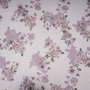 White With Lavender Floral Print Cotton Schiffli Fabric LI-32152 - TradeUNO