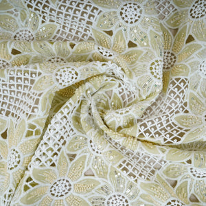 Parrot Green Cutdana Floral Schiffli Embroidery Crepe Fabric DVT-30571 - TradeUNO