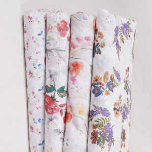 White With Lavender Floral Print Cotton Schiffli Fabric LI-32152 - TradeUNO