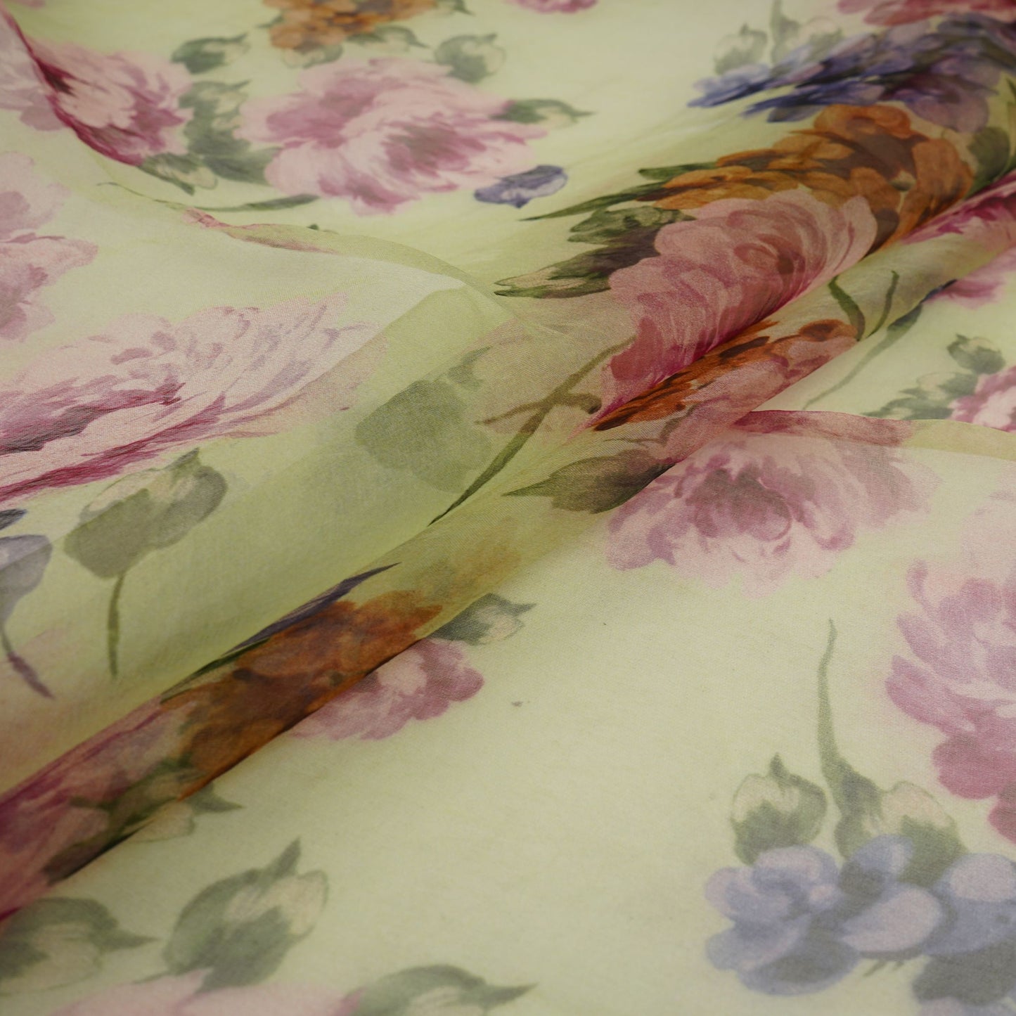 Sage Green floral print 22gm Pure Silk Organza Fabric GTS-31141