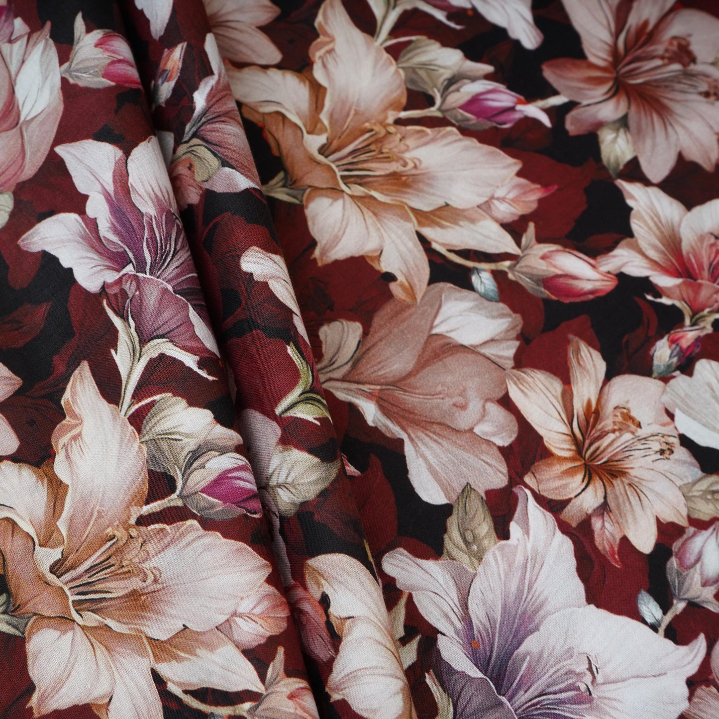 Dark Maroon with Light Pink Floral Print Cotton Mulmul Fabric PG-30476