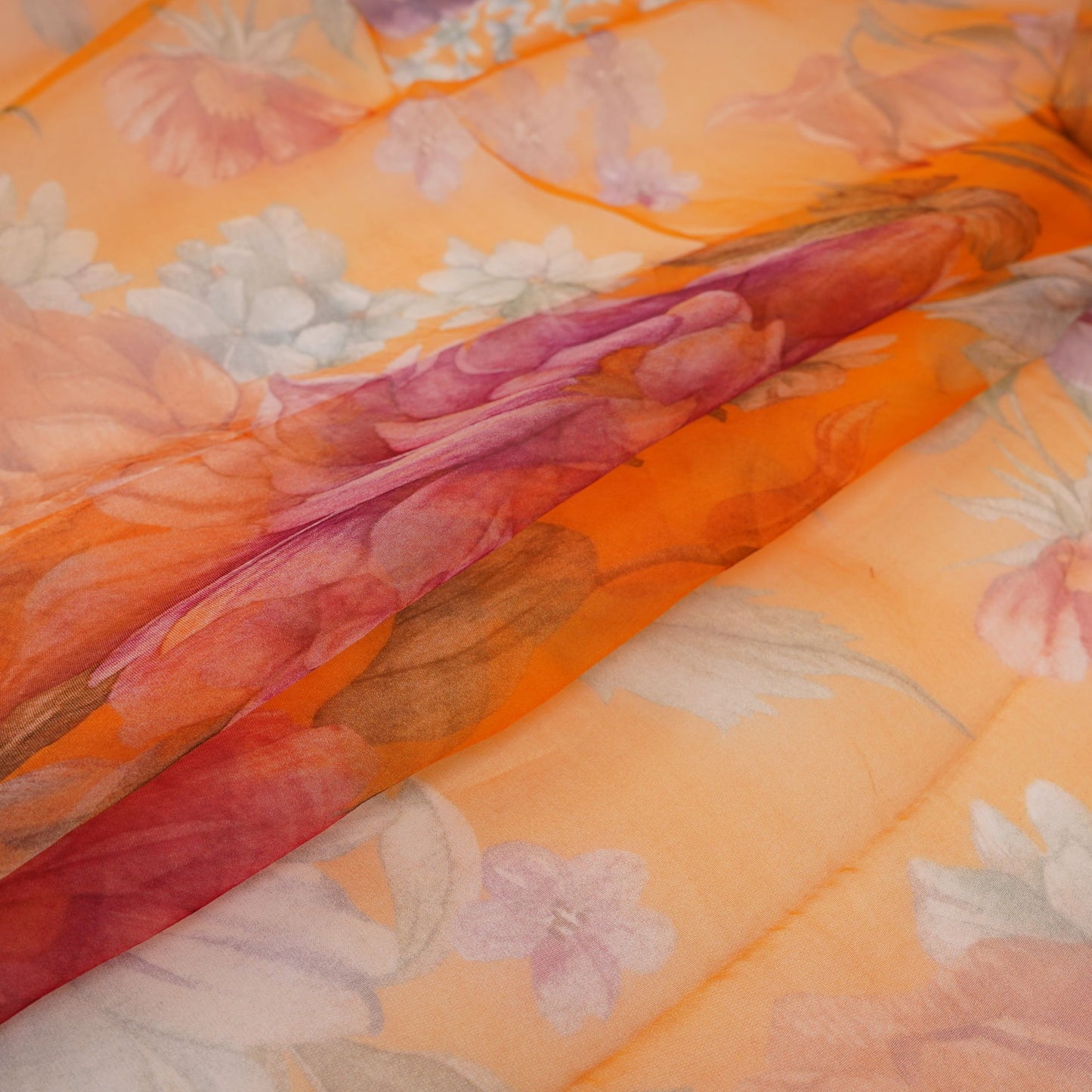 Mustard Yellow floral print 22gm Pure Silk Organza Fabric GTS-31139
