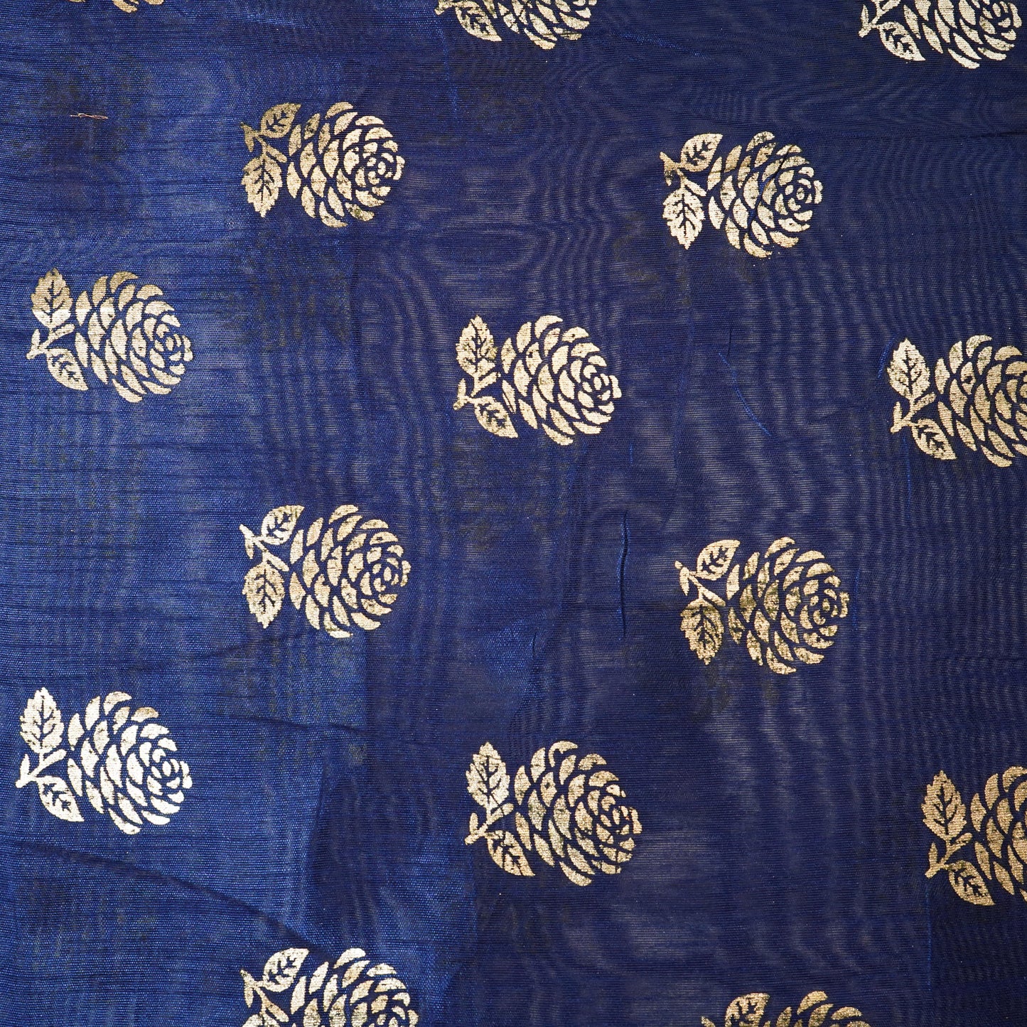 Navy Blue Golden Floral with foil Chanderi Fabric