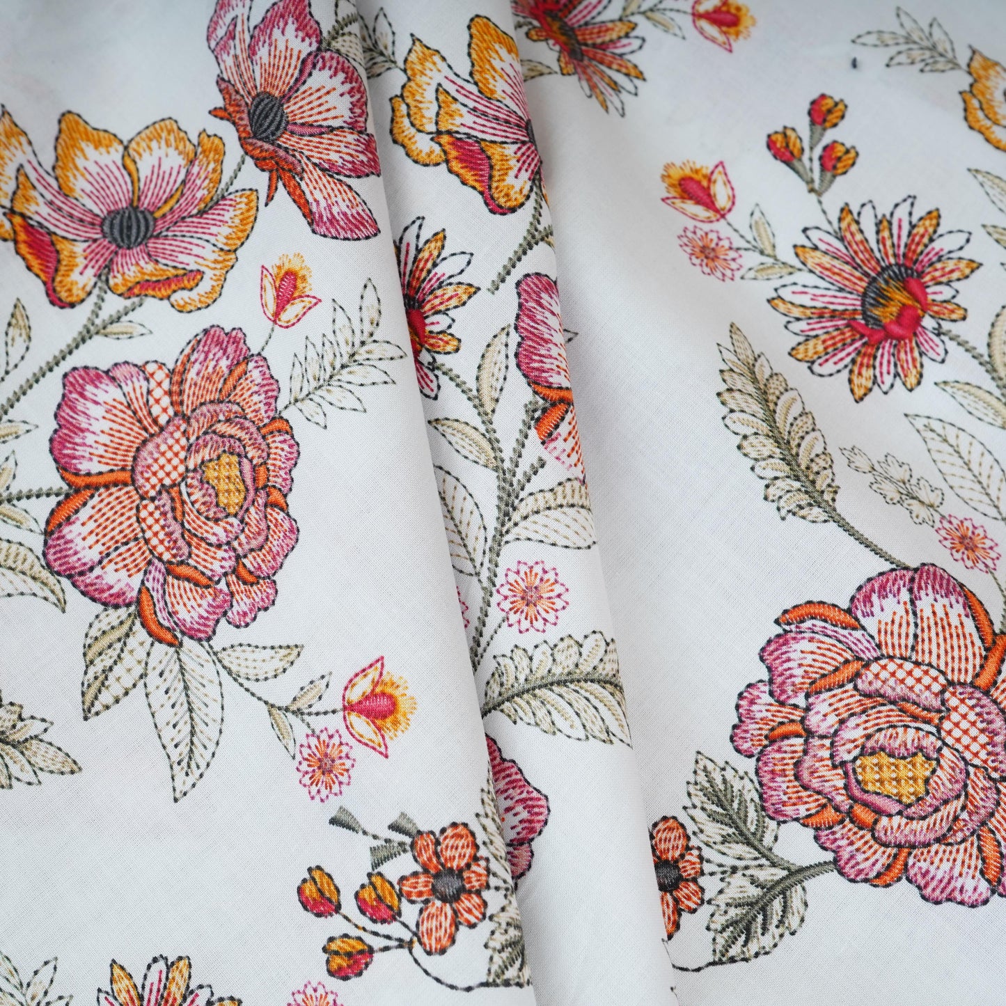 White with Pink Floral Print Cotton Mulmul Fabric PG-30471