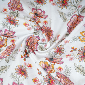 White with Pink Floral Print Cotton Mulmul Fabric PG-30471 - TradeUNO