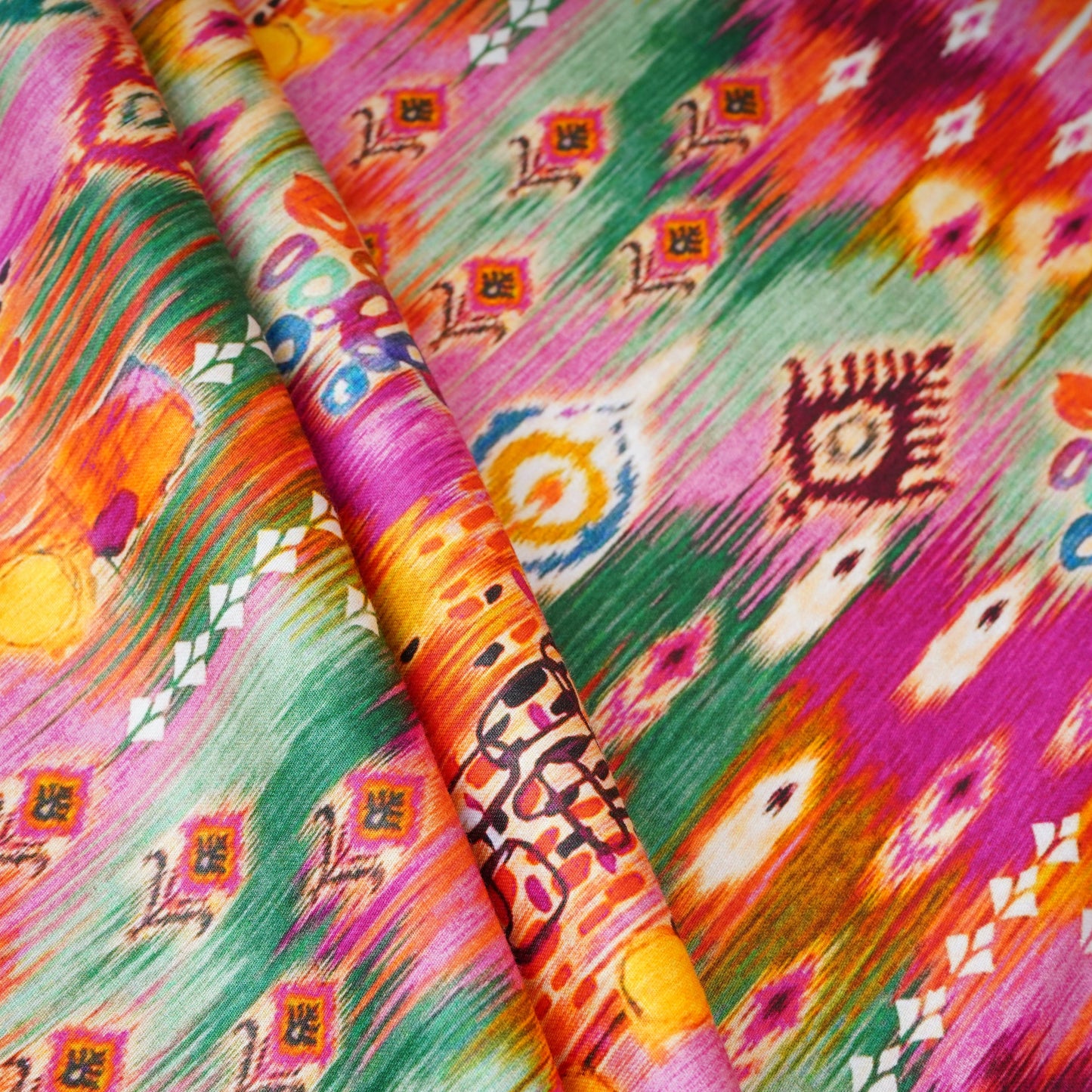 Multicolor Ikkat Print Cotton Satin Fabric PG-30436