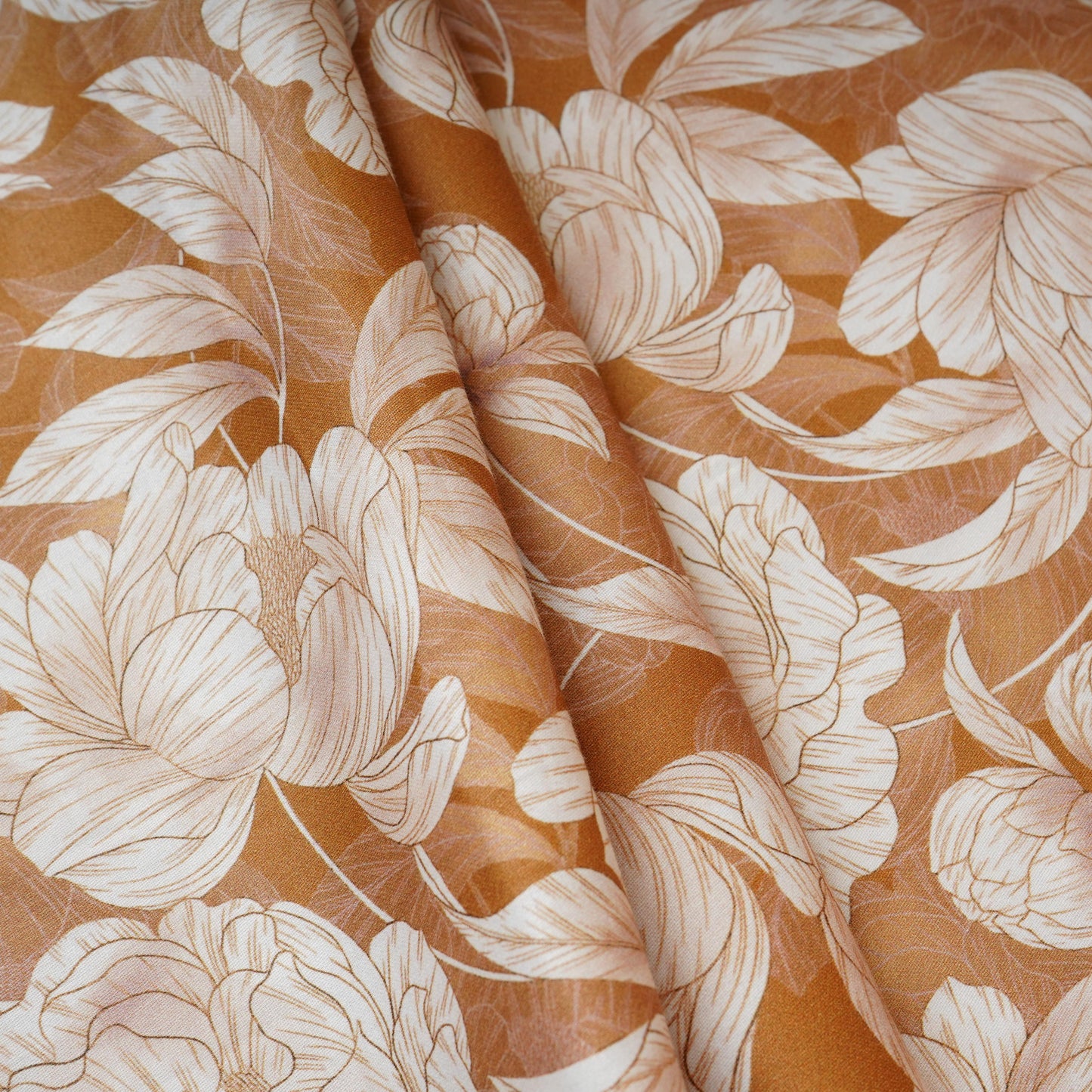 Brown with White Floral Print Cotton Satin Fabric PG-30435