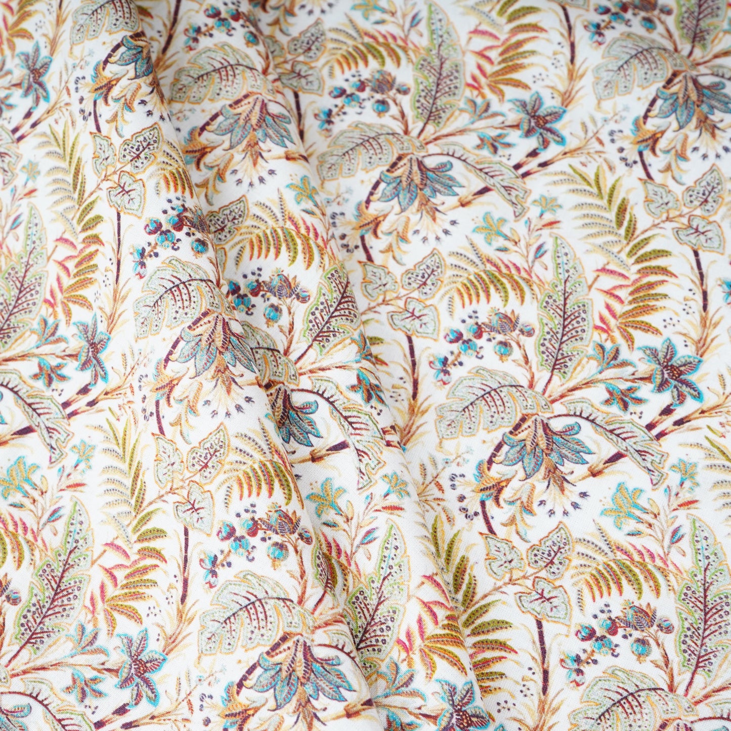 Off White with Green Floral Print Cotton Mulmul Fabric PG-30469