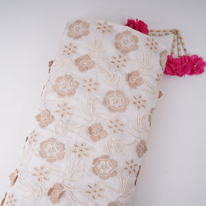 Off White With Beige 3D Floral Embroidery Tencel Schiffli Fabric LI-32333 - TradeUNO