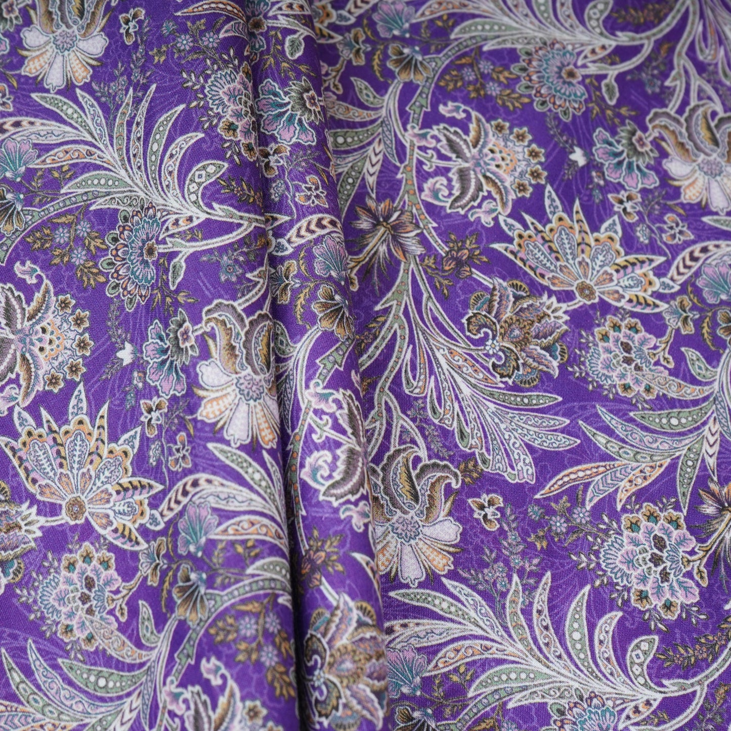 Purple with Silver Paisley Print Cotton Mulmul Fabric PG-30472