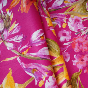 Magenta Pink with Yellow Floral Print Cotton Satin Fabric PG-30443 - TradeUNO