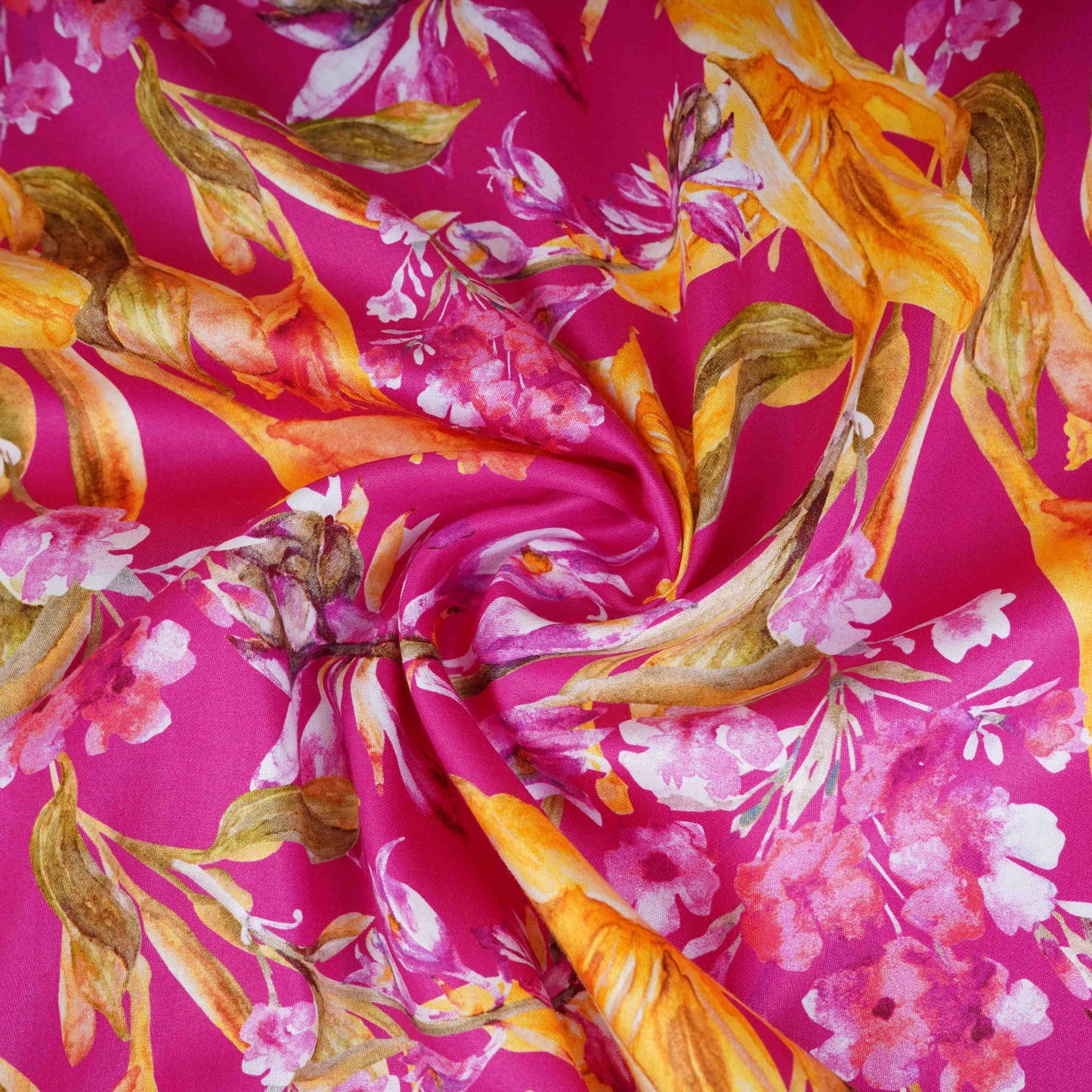 Magenta Pink with Yellow Floral Print Cotton Satin Fabric PG-30443