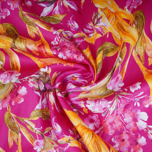 Magenta Pink with Yellow Floral Print Cotton Satin Fabric PG-30443 - TradeUNO