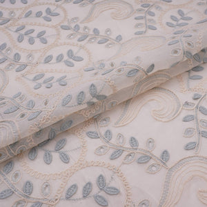 Off White With Blue 3D Leaf Embroidery Tencel Schiffli Fabric LI-32338 - TradeUNO