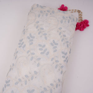 Off White With Blue 3D Leaf Embroidery Tencel Schiffli Fabric LI-32338 - TradeUNO