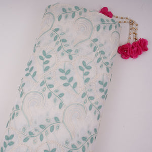 Off White With Sage Geen 3D Leaf Embroidery Tencel Schiffli Fabric LI-32335 - TradeUNO