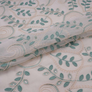 Off White With Sage Geen 3D Leaf Embroidery Tencel Schiffli Fabric LI-32335 - TradeUNO