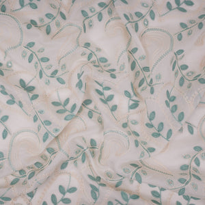 Off White With Sage Geen 3D Leaf Embroidery Tencel Schiffli Fabric LI-32335 - TradeUNO