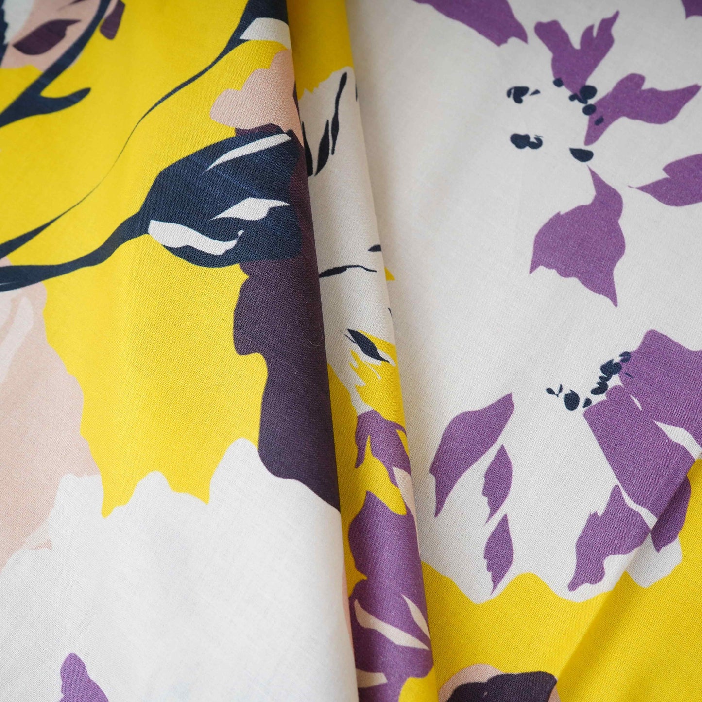 Yellow with White Floral Print Cotton Mulmul Fabric PG-30455