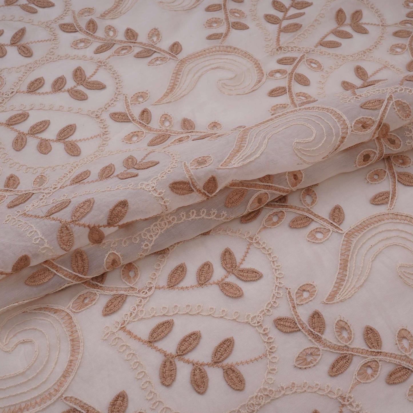 Off White With Beige 3D Leaf Embroidery Tencel Schiffli Fabric LI-32336