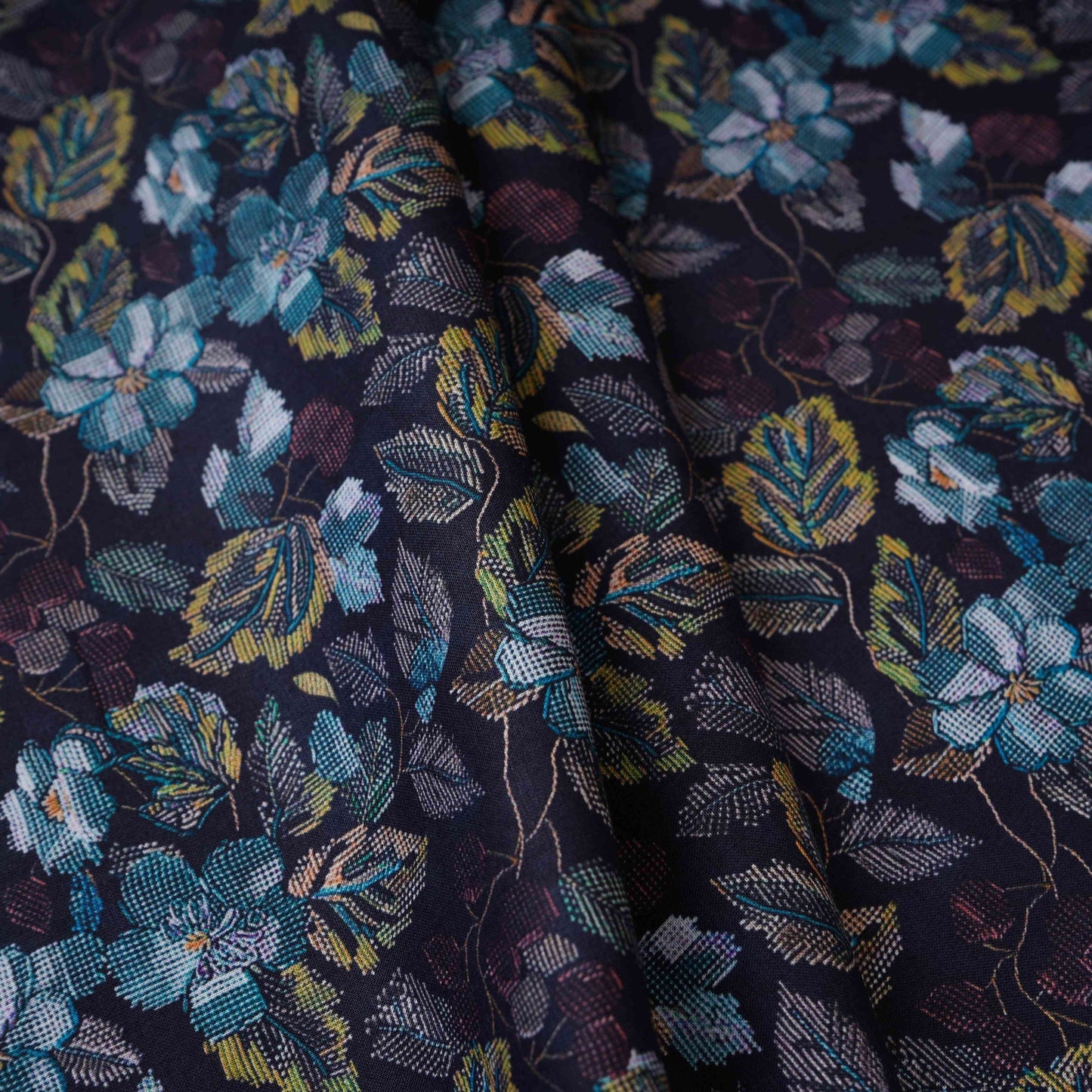 Dark Blue with Purple Floral Print Cotton Mulmul Fabric PG-30459