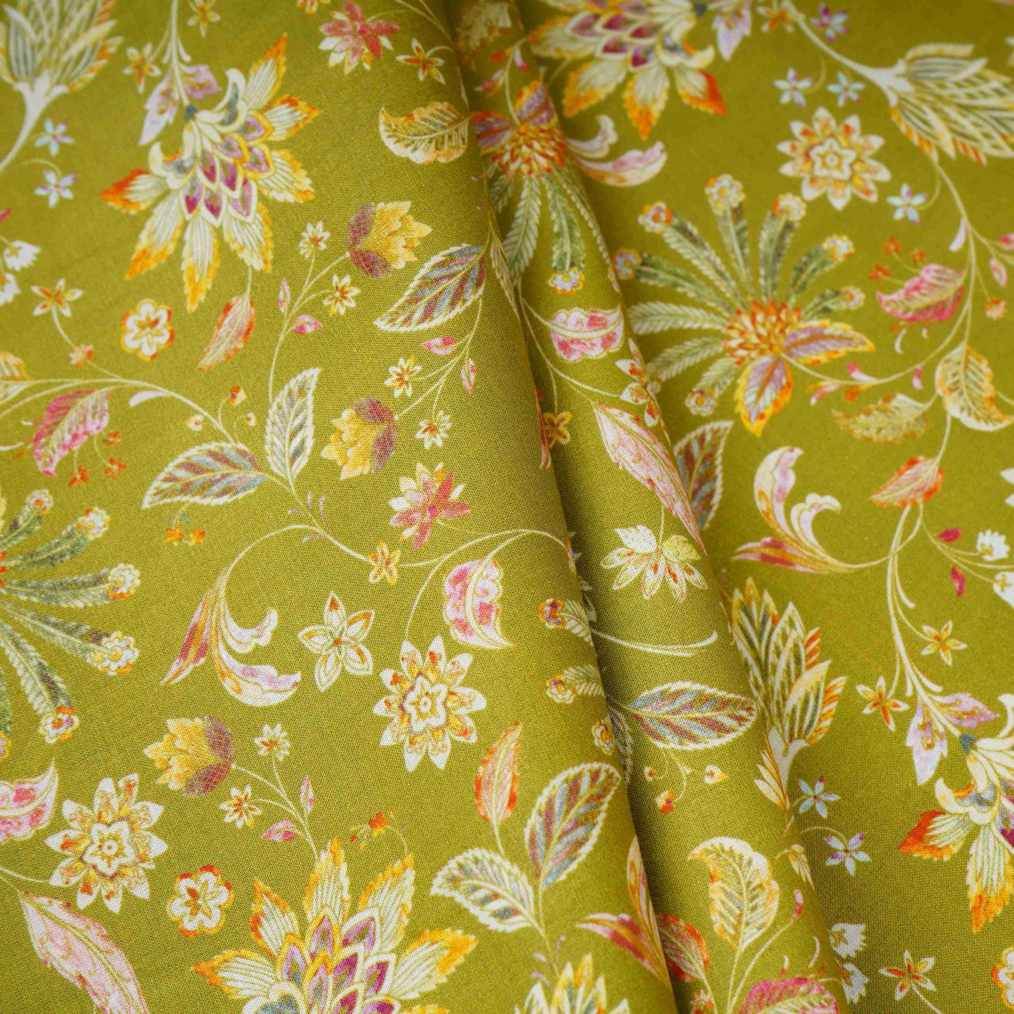 Green with White Floral Print Cotton Mulmul Fabric PG-30473