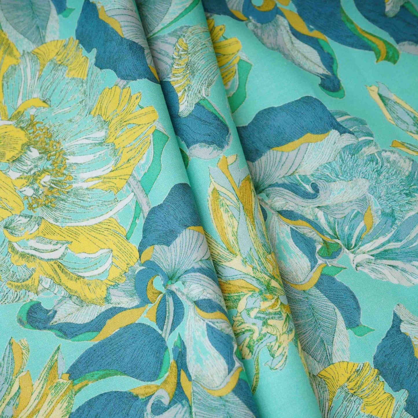 Teal with Yellow Floral Print Cotton Mulmul Fabric PG-30462