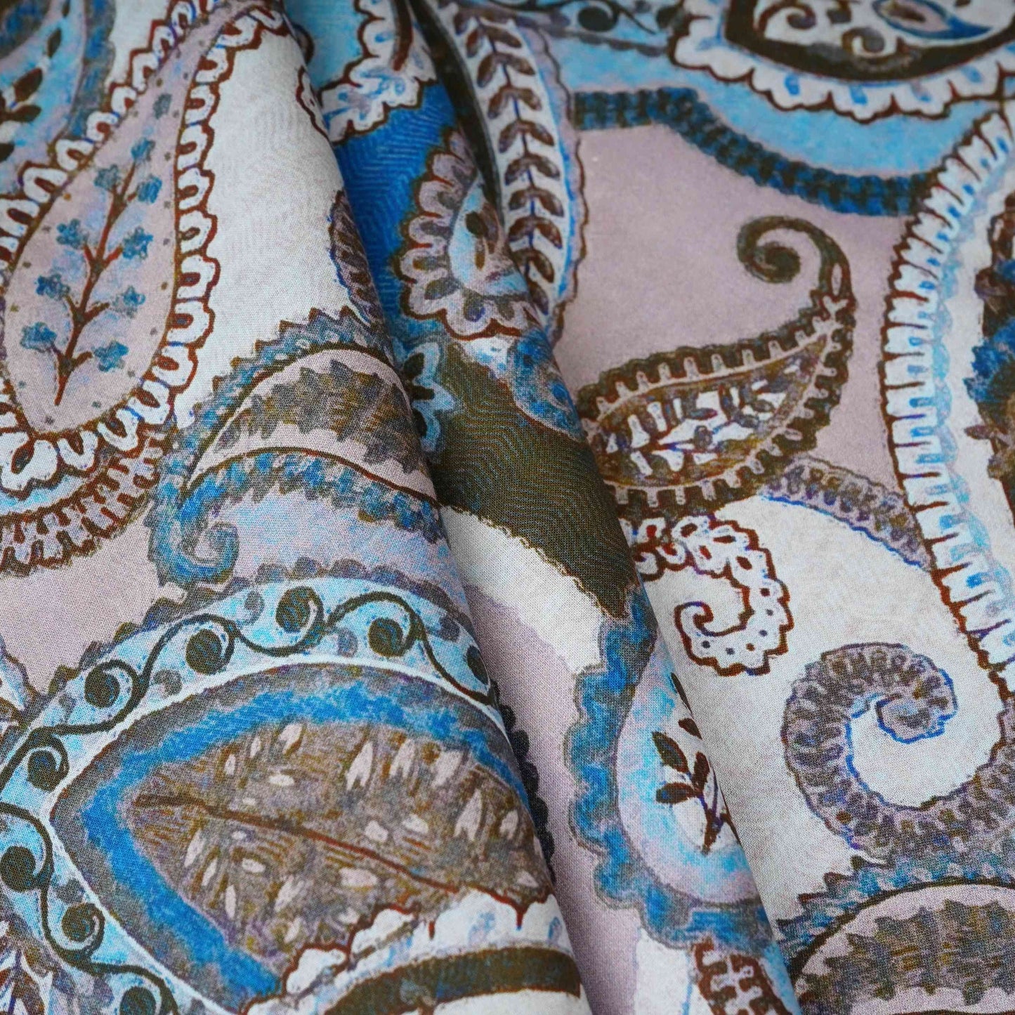 Blue with Grey Paisley Print Cotton Mulmul Fabric PG-30461
