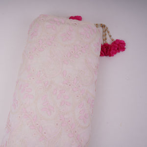 Off White With Pink 3D Leaf Embroidery Tencel Schiffli Fabric LI-32337 - TradeUNO